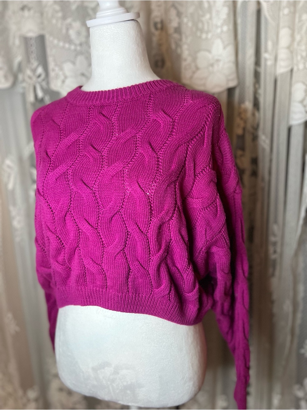 Pink Rose Bright Fuchsia Cable Crew Sweater Medium